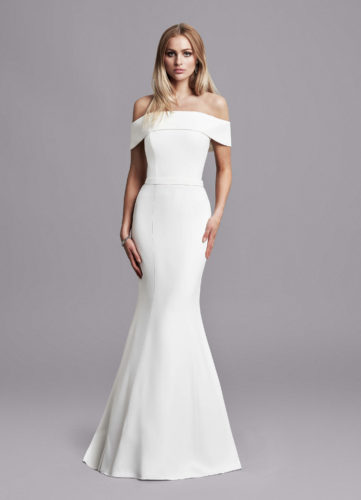 Caroline Castigliano Jourdan, Wedding Dress, crepe wedding dress, fitted wedding dress, fishtail wedding dress, bardot wedding dress
