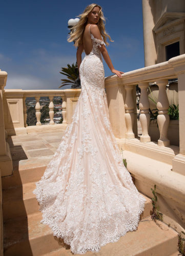 Moonlight H1377, fitted lace wedding dress, blush wedding dress, moonlight bridal wedding dress, sale wedding dress, discount wedding dress, sample sale
