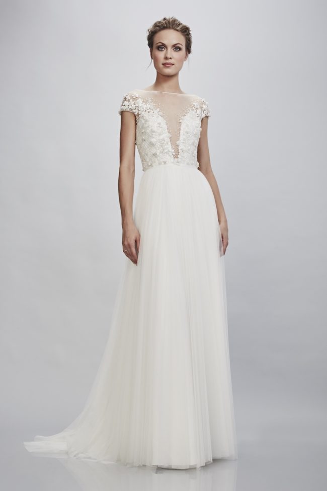 Theia Rosetta, wedding dress, a-line wedding dress, tulle skirt, modern wedding dress, beaded wedding dress
